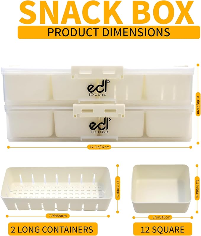 Stackable Snackle Box Organizer – 14 Compartments, BPA-Free & Portable with Lids & Handles – Reusable, Dishwasher & Microwave Safe Snacklebox for Fruits, Veggies & Snacks (White, 2 Pack)