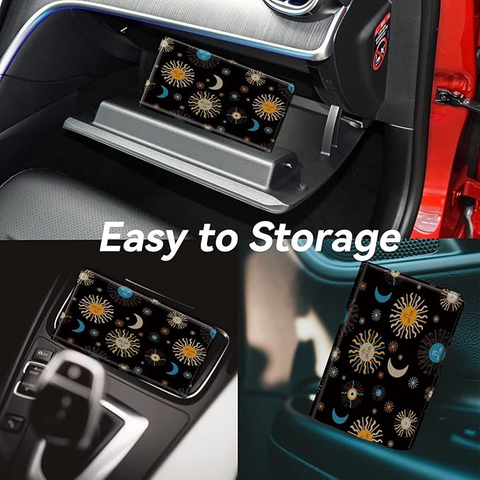 Car Registration and Insurance Holder, Leather Car Glove Box Organizer, Cool Car Accessories for ID, Driver's License Cards & Essential Document, Business Cards, Men&Women,Moon Sun