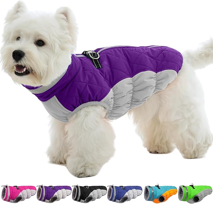 OUOBOB Small Dog Coat,Dog Jackets for Small Dogs,Warm Winter Jacket, Puppy Coat with Harness Built in,Waterproof Dogs Jacket,Puppy Cold Weather Coats,Pet Winter Clothes Snowsuit Shih Tzu Bichon,Purple