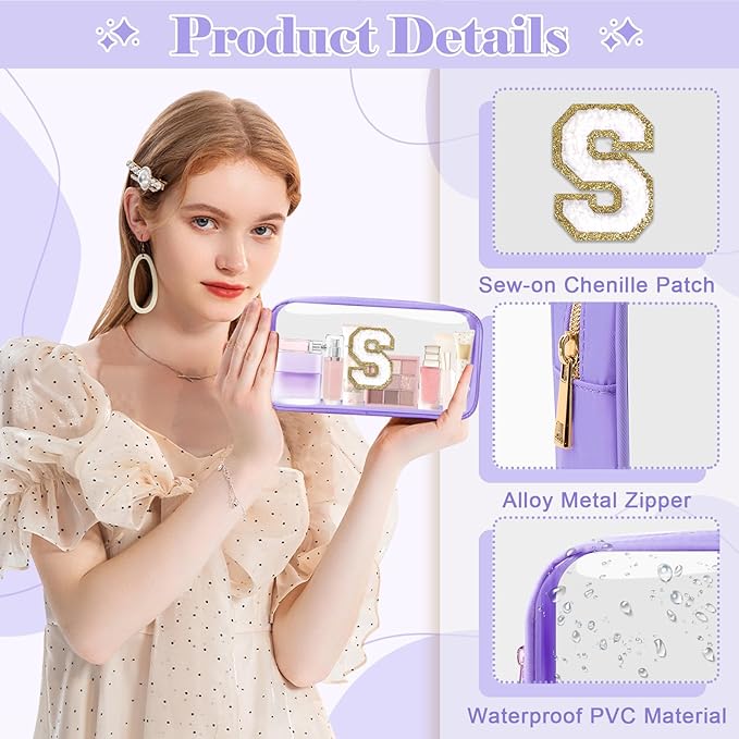 Personalized Initial Letter Clear Preppy Makeup Bag, Purple Chenille Letter Nylon Cosmetic Zipper Pouch, TSA Approved Travel Toiletry Bag, Monogram Makeup Case Gift for Women