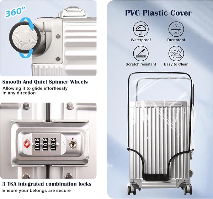 DOMINOX All Aluminum Carry On Luggage Hard Shell Luggage Aluminum Suitcase for Travel Zipperless Luggage Checked Luggage with Silent 360° Spinner Wheels 26 In. (Vertical Grain Style, Sliver)