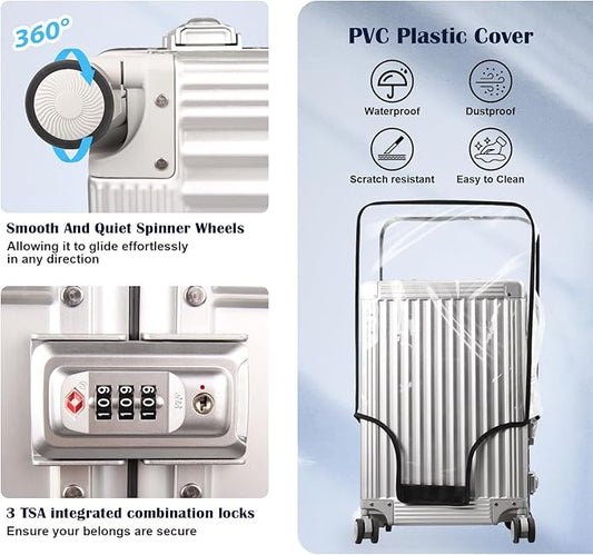 DOMINOX All Aluminum Carry On Luggage Hard Shell Luggage Aluminum Suitcase for Travel Zipperless Luggage Checked Luggage with Silent 360° Spinner Wheels 26 In. (Vertical Grain Style, Sliver)