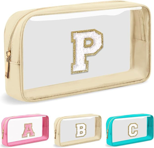 Personalized Initial Letter Clear Makeup Bag,Preppy Small Nylon&PVC Cosmetic Zipper Bag with Chenille Letter,Portable Beach Travel Skincare Toiletry Bag,Trendy Monogram Gift for Teen Girls Women,P