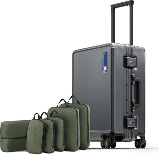 LEVEL8 Zipperless Carry On Luggage Airline Approved with Aluminum Frame, Hard Shell Suitcase with Spinner Wheels, Metal Checked Luggage with Packing Organizers, 20 Inch, Grey