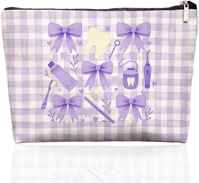 Smile Dental Care Makeup Bag, Cute Tooth & Bow Cosmetic Pouch for Dental Assistant Hygienist Dentist Gift for Women.Purple Checkered Pouch