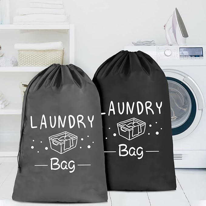 Sylfairy 2 Pack Extra Large Travel Laundry Bag, Dirty Clothes Organizer with Drawstring,Heavy Duty Travel Laundry Bags,Easy Fit a Laundry Hamper Travel Essentials (Black+Grey, 24" x 36")
