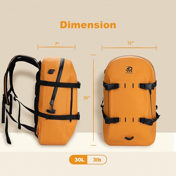 Airtight Waterproof Backpack 30L, Floating Dry Bag with Resin Zipper, IPX7 Gear Protection Large Capacity for Men, Kayaking, Paddle Boarding, Fishing, Travel, Surfing, Work, Outdoor Orange