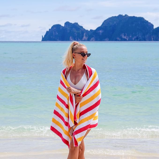 Arkwright Cabo Cabana Stripe Beach Towel - Pack of 4 - Large Soft Quick Dry Cotton Terry Towels for Pool, Swim, and Hot Tub, Oversized 30 x 70 in, Raspberry/Mango
