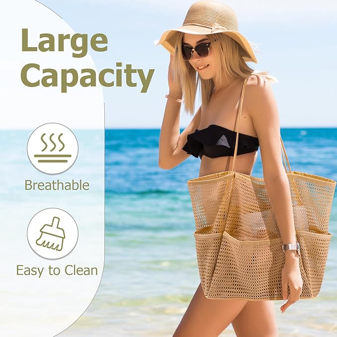 Iioscre Mesh Beach Tote Bags for Womens, Causal Hobo Pool Bags for Swimming Pools Vacations Beach Essentials