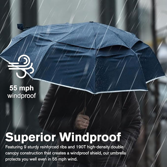 G4Free 42 Inch Eco Windproof Folding Umbrella for Rain & Sun 9 Ribs Wind Resistant Strong Fiberglass Double Canopy with Reflective Strip for Women Men Auto Open Close For Car & Backpack