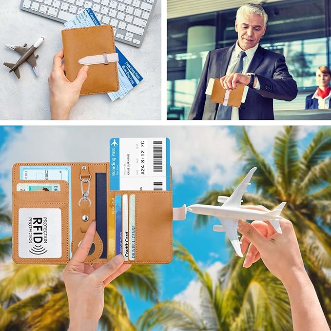 Passport Holder with Airtag for Women/Men,Airtag Passport Wallet for Travel,Cute Passport Holder Rfid Blocking,Travel Wallet for Cards Passport Cover Case (Coffee)