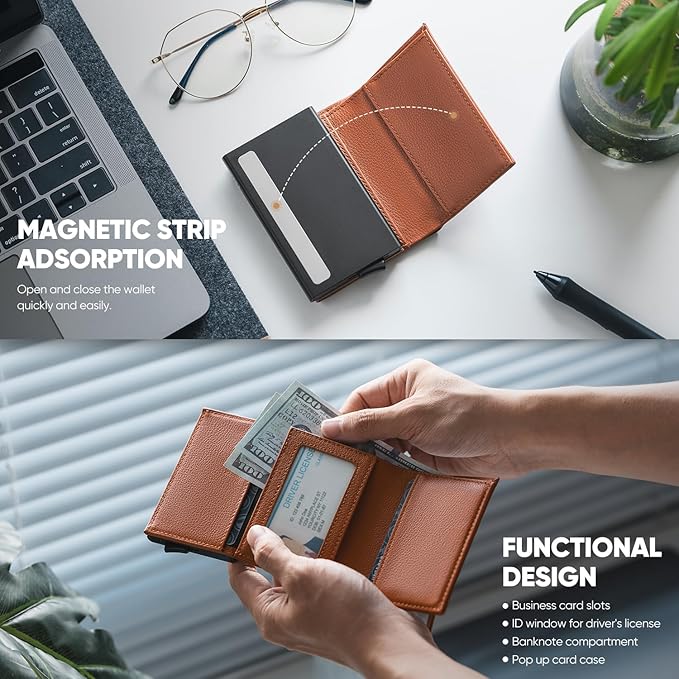 VULKIT Pop up Wallet Minimalist Cash Wallets RFID Blocking Leather Smart Credit Card Holder with Magnetic Closure for Men