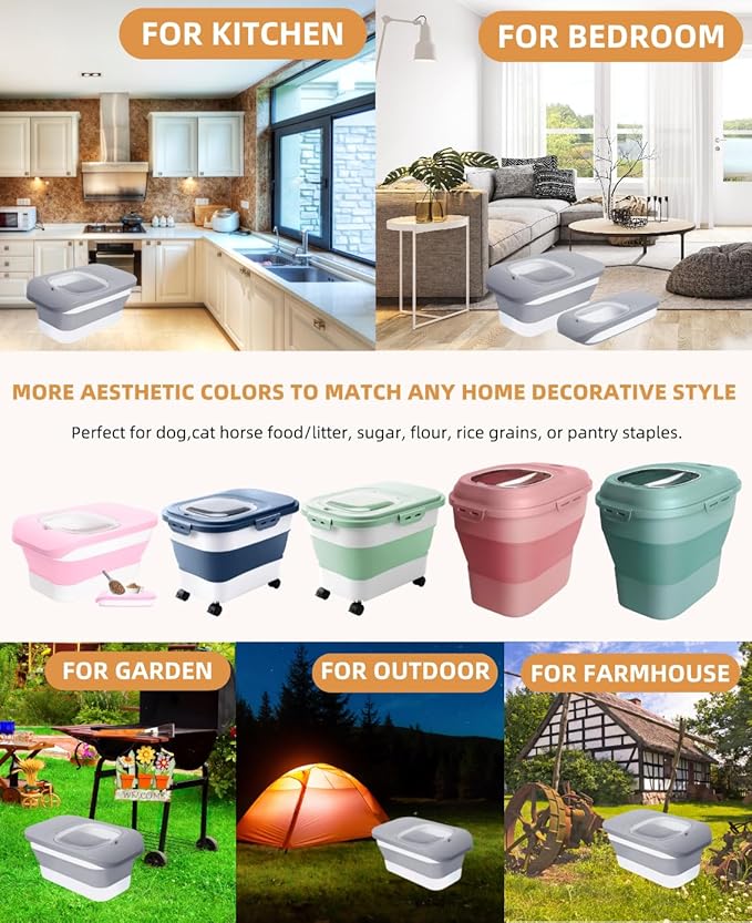 10-13 Lbs Dog Food Stroage Container, Collapsible Dog Food Containers with Airtight Lid, Pet Food Scoop and Silicone Dog Bowl, Pet Food Storage Container Dry Food for Dog, Cat and Other Pets