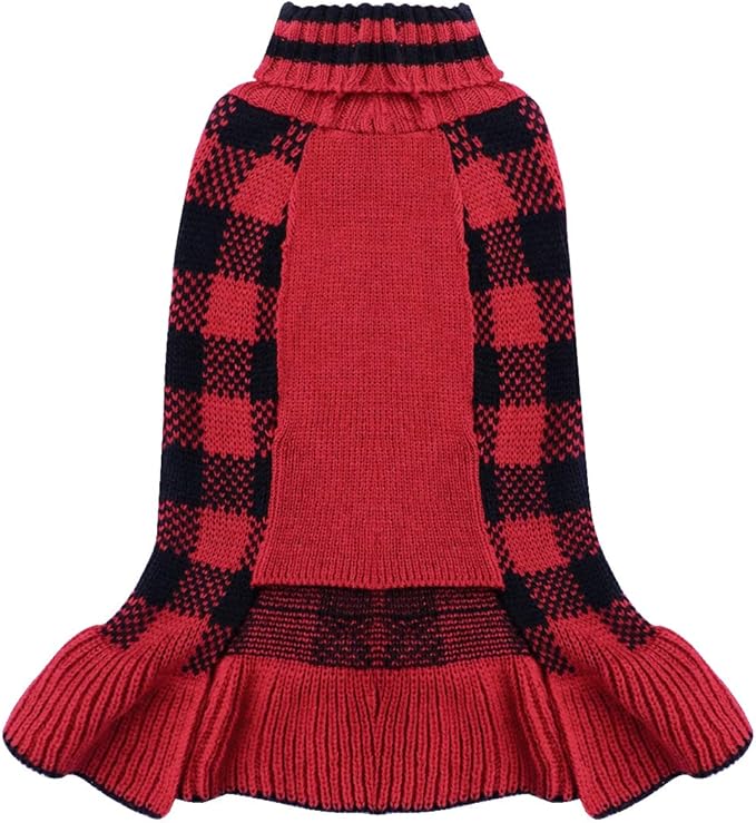 KYEESE Christmas Dog Sweater Dress for Medium Dogs with Leash Hole Checkered Pet Sweaters Dogs Christmas Outfit with BowtieTurtleneck Dog Apparel for Winter