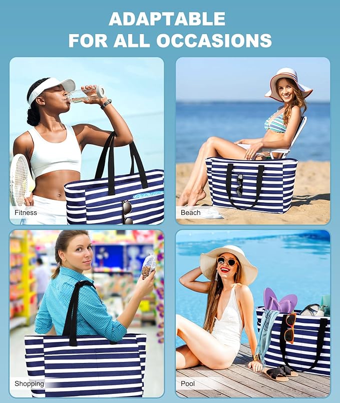 Extra Large Beach Bag Waterproof Beach Totes Bags for Women, Lightweight Foldable Pool Bag with Zipper Wet Compartment