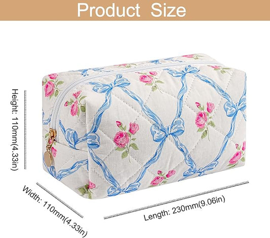 Makeup Bag Travel Cosmetic Bag for Women Girls, Zipper Make Up Pouch, Floral Flowers Toiletry Organizer Makeup, Portable Storage Bag, Cosmetic Travel Cloth Bag (2 Pack (L+S)/Blue Bowknot)
