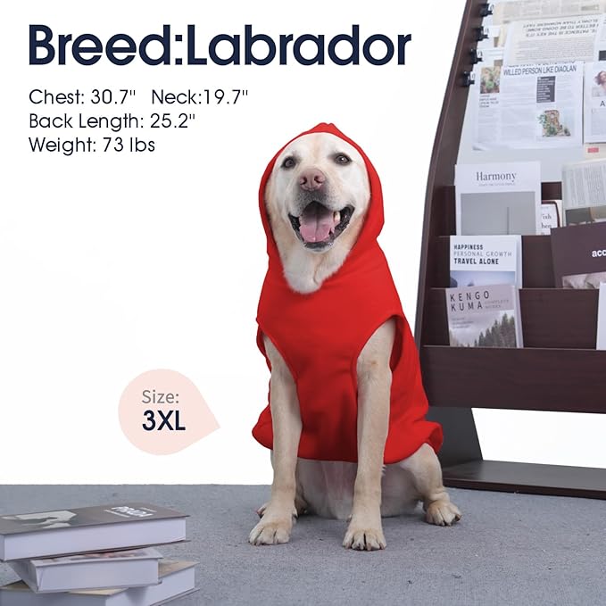 IECOii Dog Sweatshirt for Large Dogs, Hooded Fleece Vest with Leash Hole, XXXL Dogs Sweater for Giant Breed,Warm Polar Fleece Large Dog Hoodie for Fall Winter,Labrador,Doberman, Red, 3XL