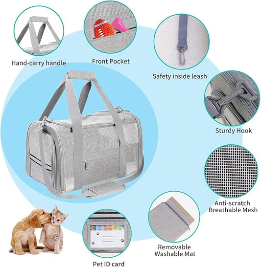 Soft - Sided Pet Carrier for Cats and Small Dogs, Airline - Approved, Grey Travel Tote with Mesh Windows, Foldable Bowl, Shoulder Strap, Oeko - TEX Certified