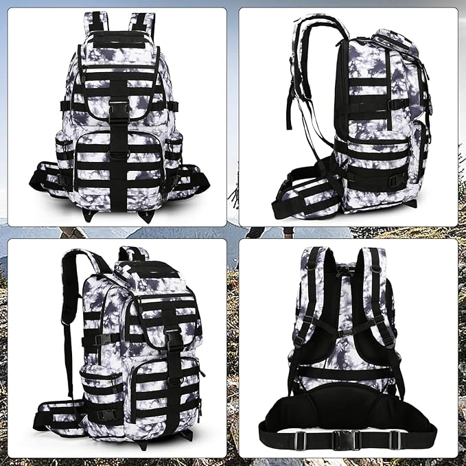 HongXingHai 50L Military Tactical Backpack 3 Day Assault Pack Molle Daypack Hiking Backpack for Men and Women (Black white Tie-Dye)