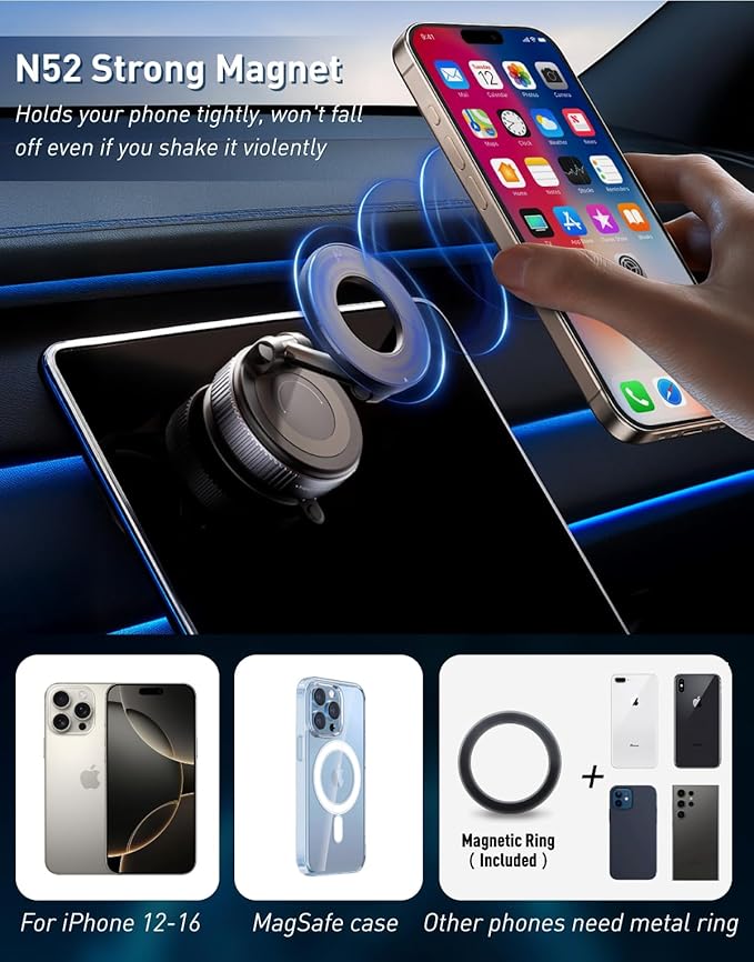 Phone Holders for Your car - 360° Adjustable Car Phone Holder for Magsafe Vacuum Suction Phone Mount with Washable Gel for iPhone 17 16 15 14 13 12