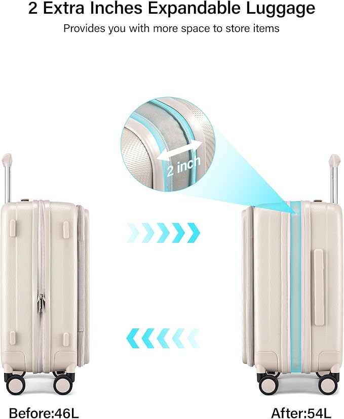Hanke 20 Inch Expandable Carry On Luggage Airline Approved Top Opening Hard Shell Suitcases with Wheels Lightweight Travel Luggage Carry On Suitcase for Woman Men-Ivory White