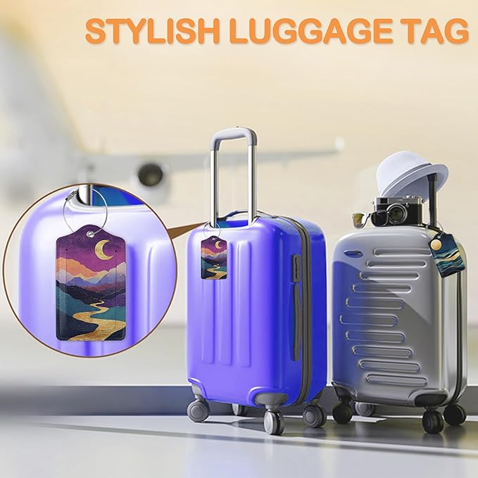 Colorful Abstract Mountain 3 Pack PU Leahter Luggage Tag with Stainless Steel Loop, Bold Golden Sun Crescent Moon Travel Suitcase Labels with Privacy Cover ID Label Quickly Spot for Bags