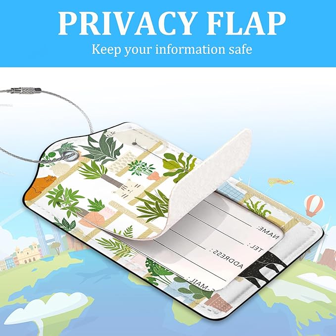 2 Pack Luggage Tag for Suitcase,Bookshelf Cat Luggage Tag with PU Leather Privacy Cover ID Label & Stainless Steel Loop for Women Men Travel Bag Suitcase