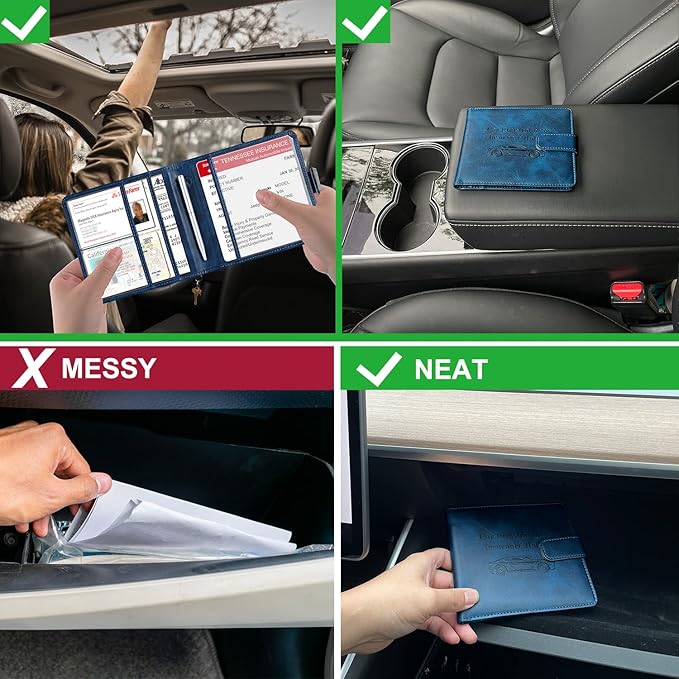 Car Registration and Insurance Holder, Folio Leather Vehicle Card Document Glove Box Organizer Auto Truck Compartment Accessories for Essential Information, Men&Women by YAVIV, Blue