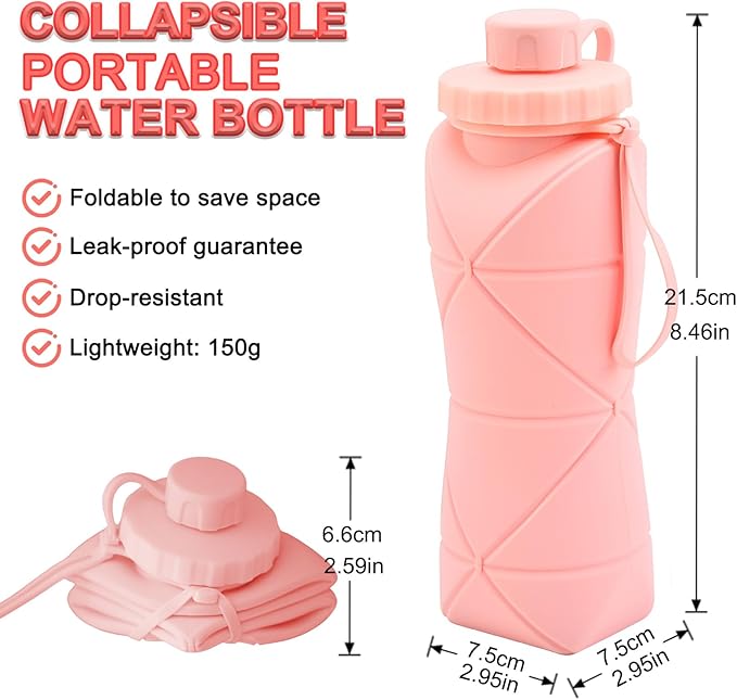 JINGYAN Collapsible Water Bottle 20oz, BPA-Free Silicone Foldable Design with Leak-Proof Lid & Lanyard - Portable Travel Water Bottle for Hiking, Gym, Camping (Pink)