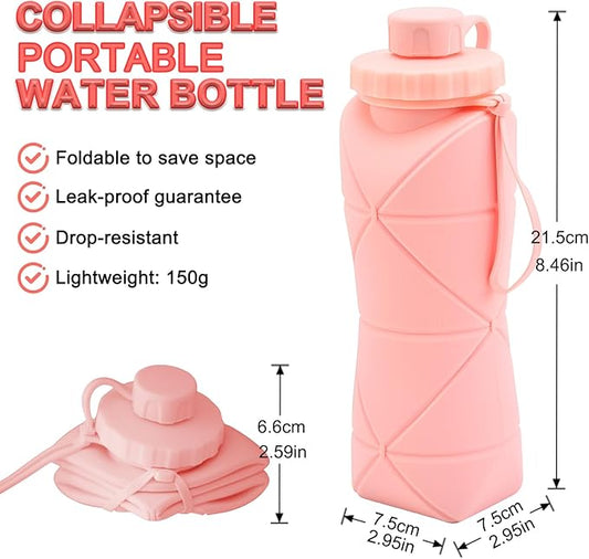 JINGYAN Collapsible Water Bottle 20oz, BPA-Free Silicone Foldable Design with Leak-Proof Lid & Lanyard - Portable Travel Water Bottle for Hiking, Gym, Camping (Pink)