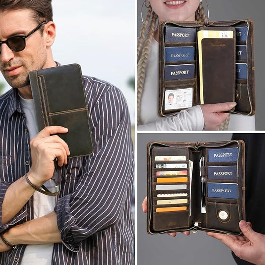 CONTACTS Full Grain Leather Family Passport Holder for 6 Travel Airtag Passport Wallet RFID Blocking Passports Organizer 3 Layer Design Fit 6 Passports, 8 Cards