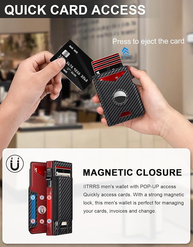 Airtag Wallet for Men, Minimalist Slim Mens Wallet Smart Pop Up Credit Card Holder for 9-13 Cards, RFID Blocking Wallet with ID Window & Cash Slot, Compact Bifold Metal Aluminum Card Case