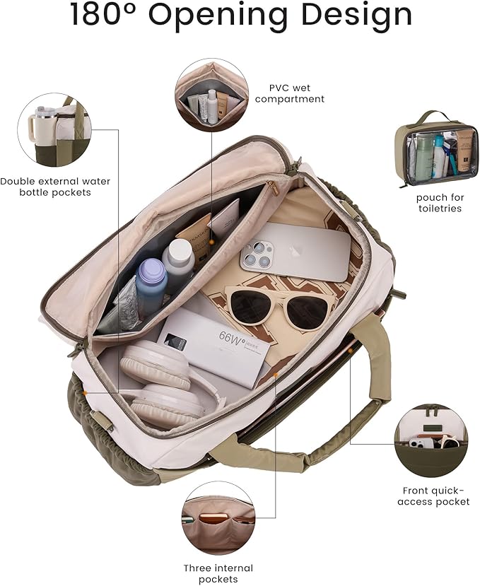 LOVEVOOK Weekender Bags for Women,Carry on Duffle Bag for Travel, Water-resistant Gym Bag with Wet Pocket,Overnight Travel Bag (Been Green, XL)