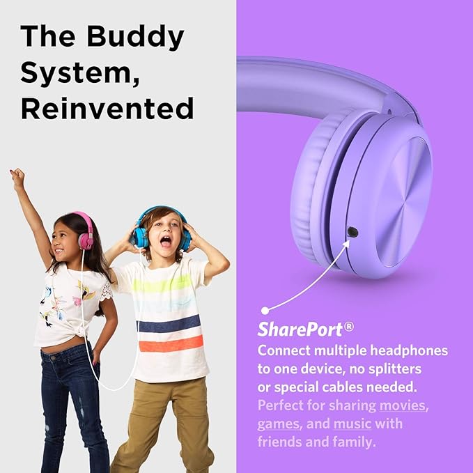 LilGadgets Connect+ Pro Wired Kids Headphones for School with Microphone, Volume Limiting Over-Ear Headset with Cord, SharePort Technology & SoftTouch Padding, Purple