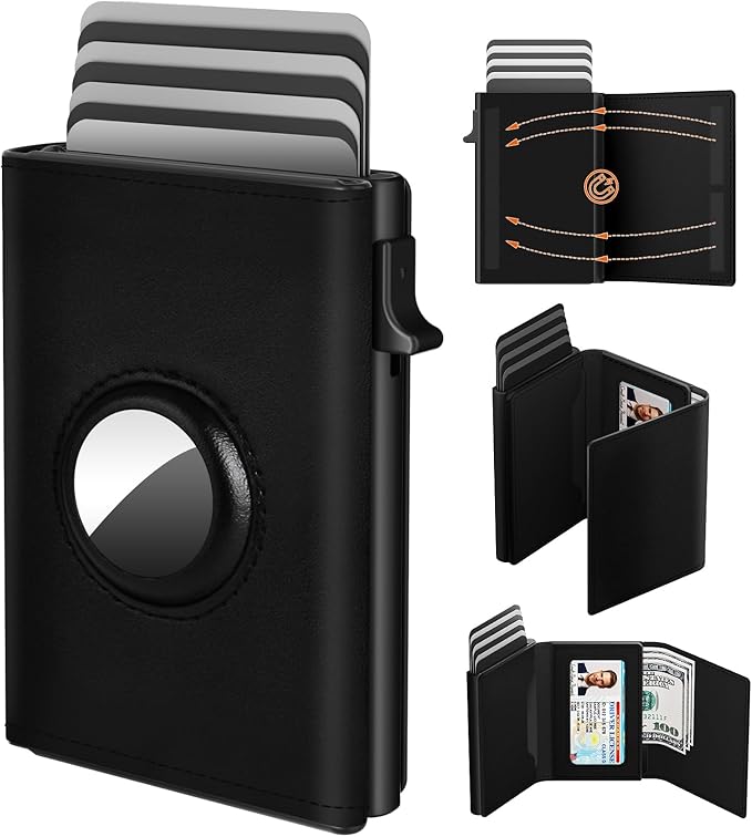 Mens Wallet Card Holder for AirTag - Top Grain Leather Smart Wallet for Men Compatible with Apple Air Tag, RFID Blocking, Slim, Minimalist, 9-14 Card Capacity | ID Window | Cash Slot
