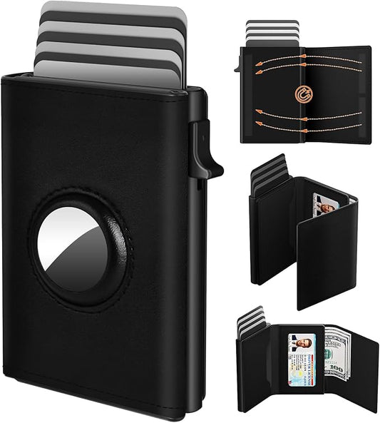 Mens Wallet Card Holder for AirTag - Top Grain Leather Smart Wallet for Men Compatible with Apple Air Tag, RFID Blocking, Slim, Minimalist, 9-14 Card Capacity | ID Window | Cash Slot