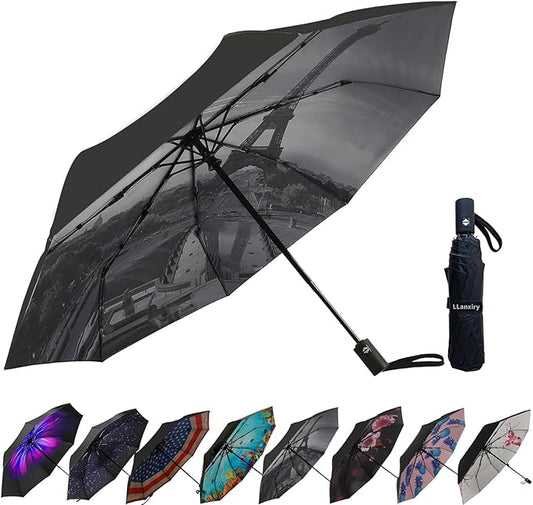 LLanxiry Compact Travel Umbrella, 44" Canopy, Automatic Open/Close Windproof Umbrella, 210T Pongee, 8-Rib Fiberglass, Travel Size Mini, Portable Rain/Sun Umbrellas UPF 50+ with Cover