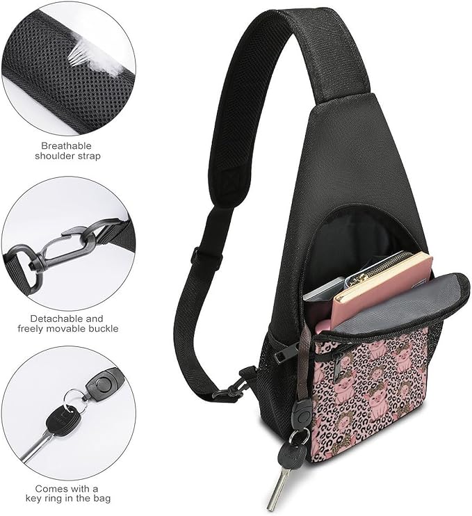 SWEET TANG Sling Backpack for Women, Cute Multipurpose Crossbody Shoulder Bag, Comfortable and Lightweight Adjustable Travel Hiking Daypack Cute Pig Leopard Print Pink