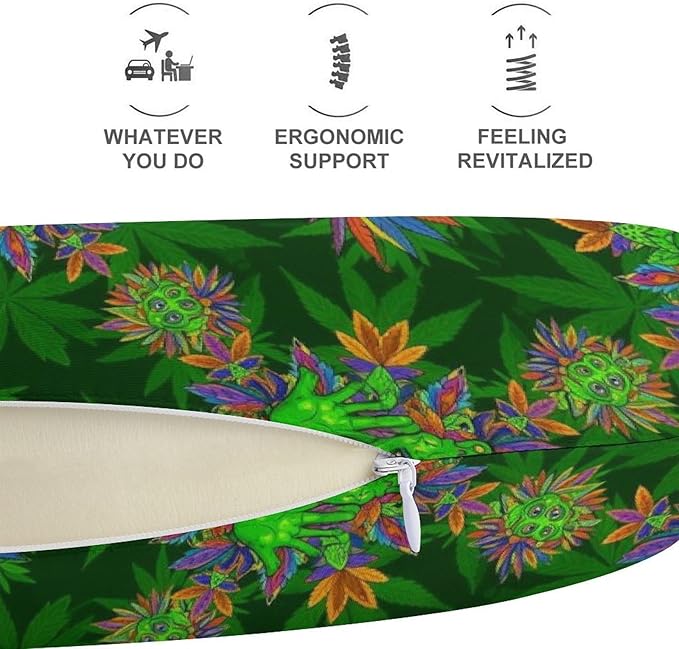 Pain Relief Travel Pillow Memory Foam Chin Support Trippy Eye Leaf Weedleaf Green, Breathable Washable Cover for Airplane Car Office