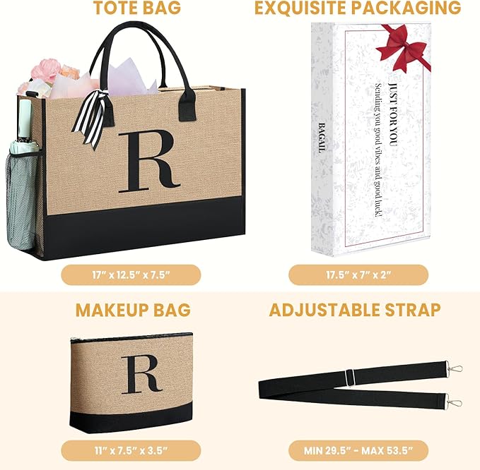 BAGAIL Initial Tote Bag, Personalized Birthday Gifts for Women, Teacher, Friends, Mom, Wedding, Monogrammed Beach Bag