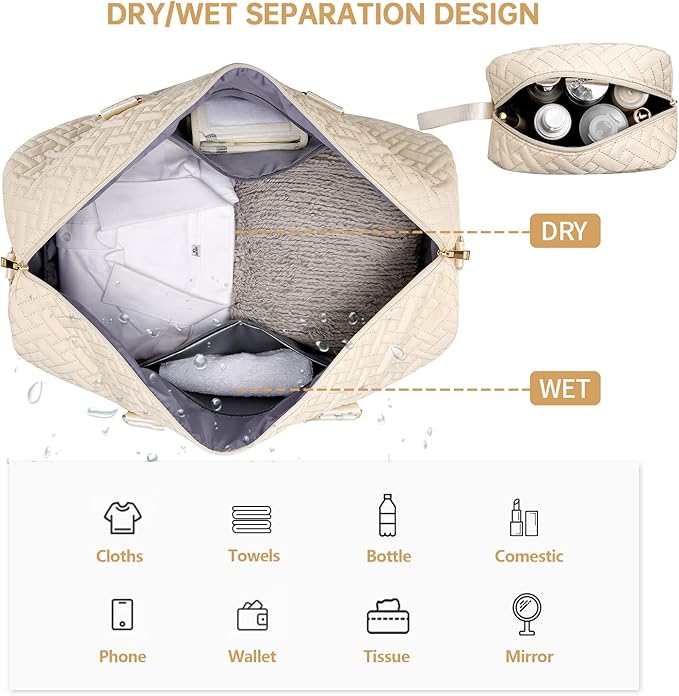 Duffle Bag for Travel, Weekender Bag with Shoe Compartment, Carry On Overnight Bag for Women with Toiletry Bag, Gym Bag with Wet Pocket, Hospital Bags for Labor and Delivery Beige