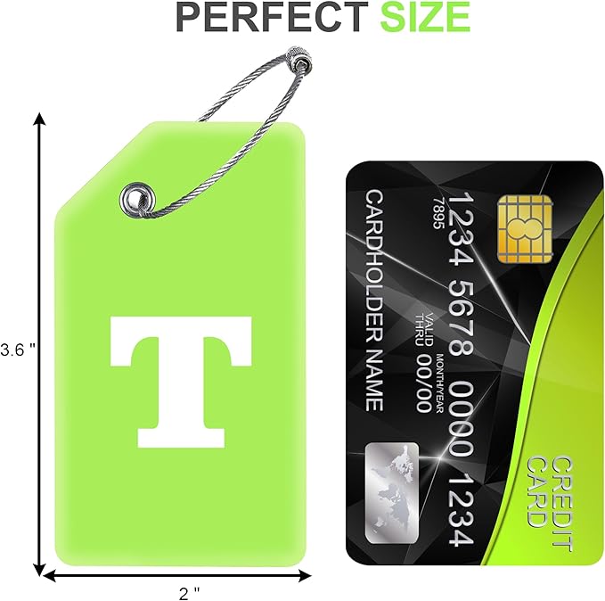 Gostwo 2 Pack Silicone Luggage Tags for Suitcases, 26 Initial Letter Baggage Labels Handbag School Bag Suitcase Instrument Tag with Stainless Steel Loop(Green)(Letter T)