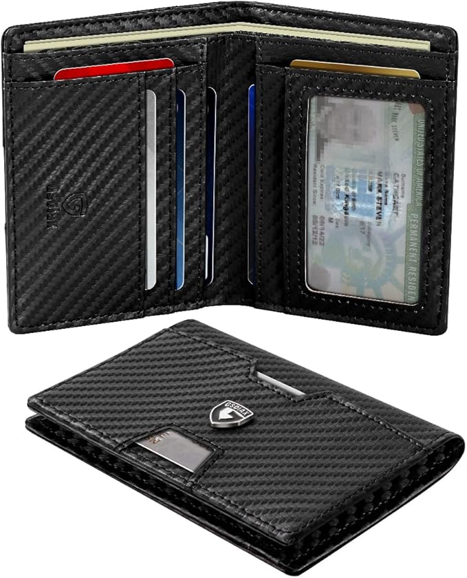 GSOIAX Wallet for Men Slim RFID Blocking Front Pocket Bifold Wallet Leather Money Clip 10-12 Cards Mens Wallet with ID Window Thin Minimalist Credit Card Holder Birthday Gifts for Men Carbon-Black