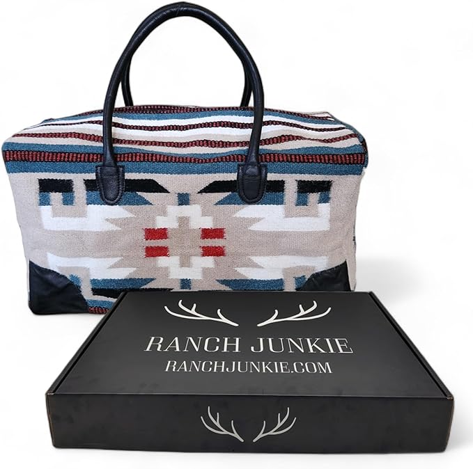 Aztec Large Weekender Southwestern Duffel Bag Saddle Blanket Bag 100% Leather Handles (Sahara)