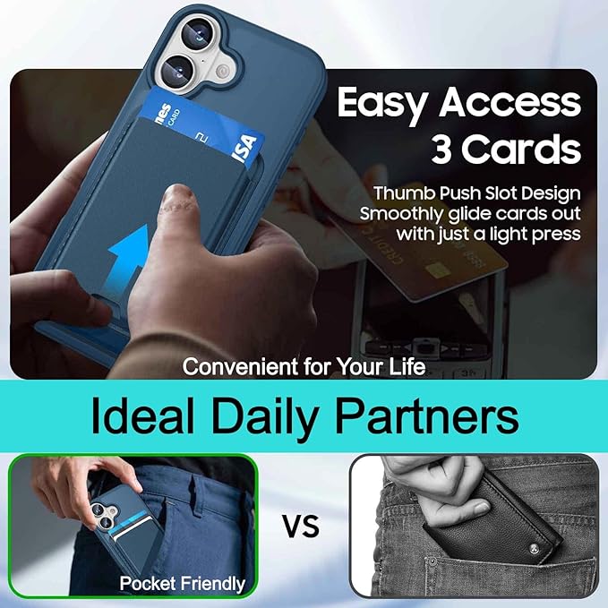 Ntwinro Magnetic for iPhone 16 Plus Case (Compatible with MagSafe) with Detachable Wallet & Card Holder for 3 Cards [RFID Blocking] Military Grade Protective Slim Phone Cover, Deep Blue