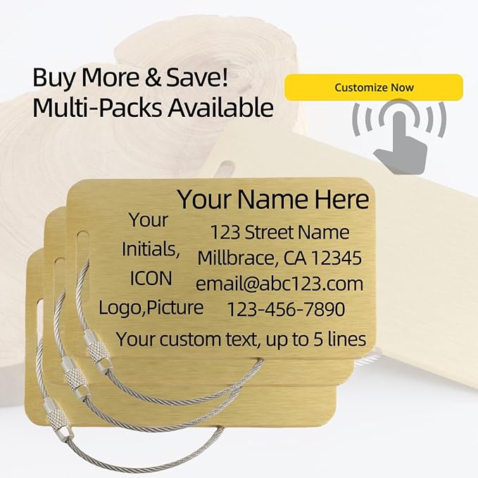Sturdy and Durable Personalized Luggage Tags for Suitcases,Cruise Essentials Travel Tags for Luggage,Travel Bag Labels,Heavy-Duty Stainless Steel Gold Rectangular Horizontal Suitcases Tags