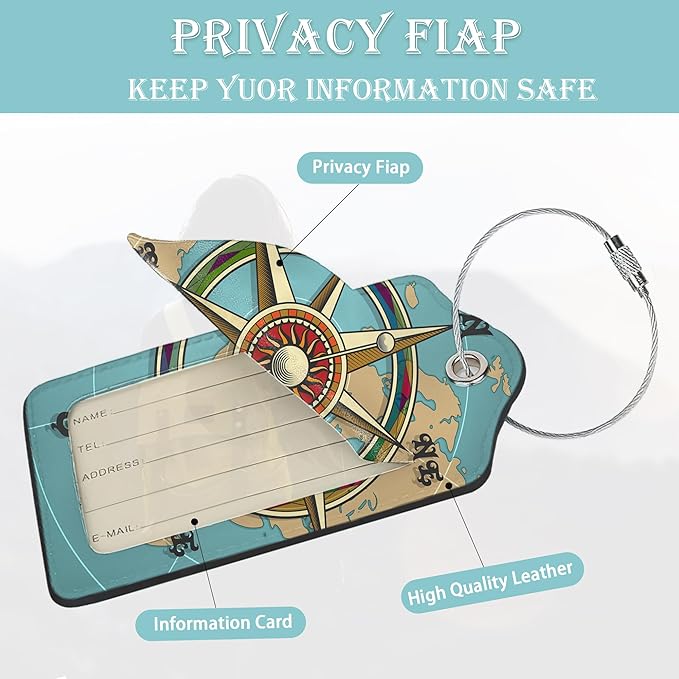 Luggage Tags for Suitcase,2 Pack Nautical Compass Luggage Tag World Map Leather Privacy Cover ID Label with Stainless Steel Loop for Women Men Kids Girls Travel