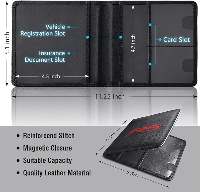 Leather Car Registration and Insurance Cards Holder Compatible with Chevy Camaro RS Cars, Vehicle Glove Box Car Organizer with Magnetic Shut, Documents License for Camaro RS Owners