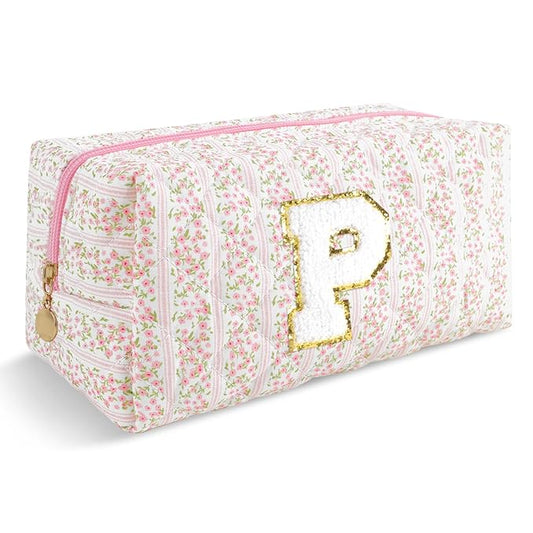 Personalized Quilted Cosmetic Bag, Puffy Monogrammed Christmas Birthday Gifts for Women & Girls, Cute initial Floral Makeup Bag Puffer Coquette Bag, Aesthetic Travel Toiletry Zipper Pouch(Pink,P)
