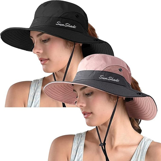 ZOORON Women's Ponytail Safari Sun Hat,Wide Brim UV Protection Outdoor Bucket Hat,Foldable Beach Summer Fishing Hat